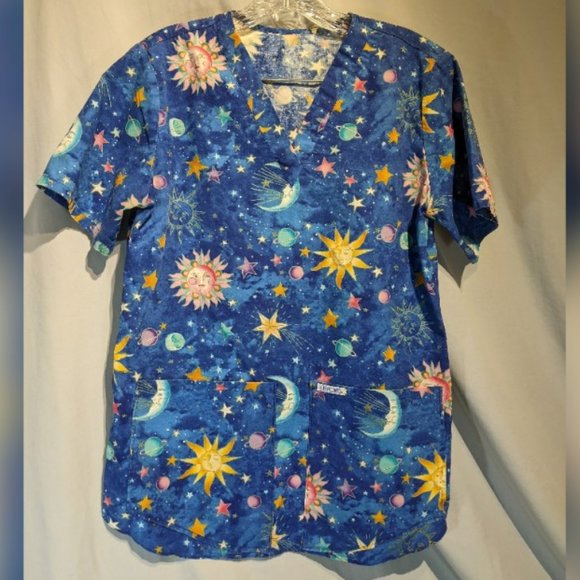 Cherokee Blue Celestial Scrub Top with Planets, Moons and Stars in Medium! EUC! - Picture 1 of 10